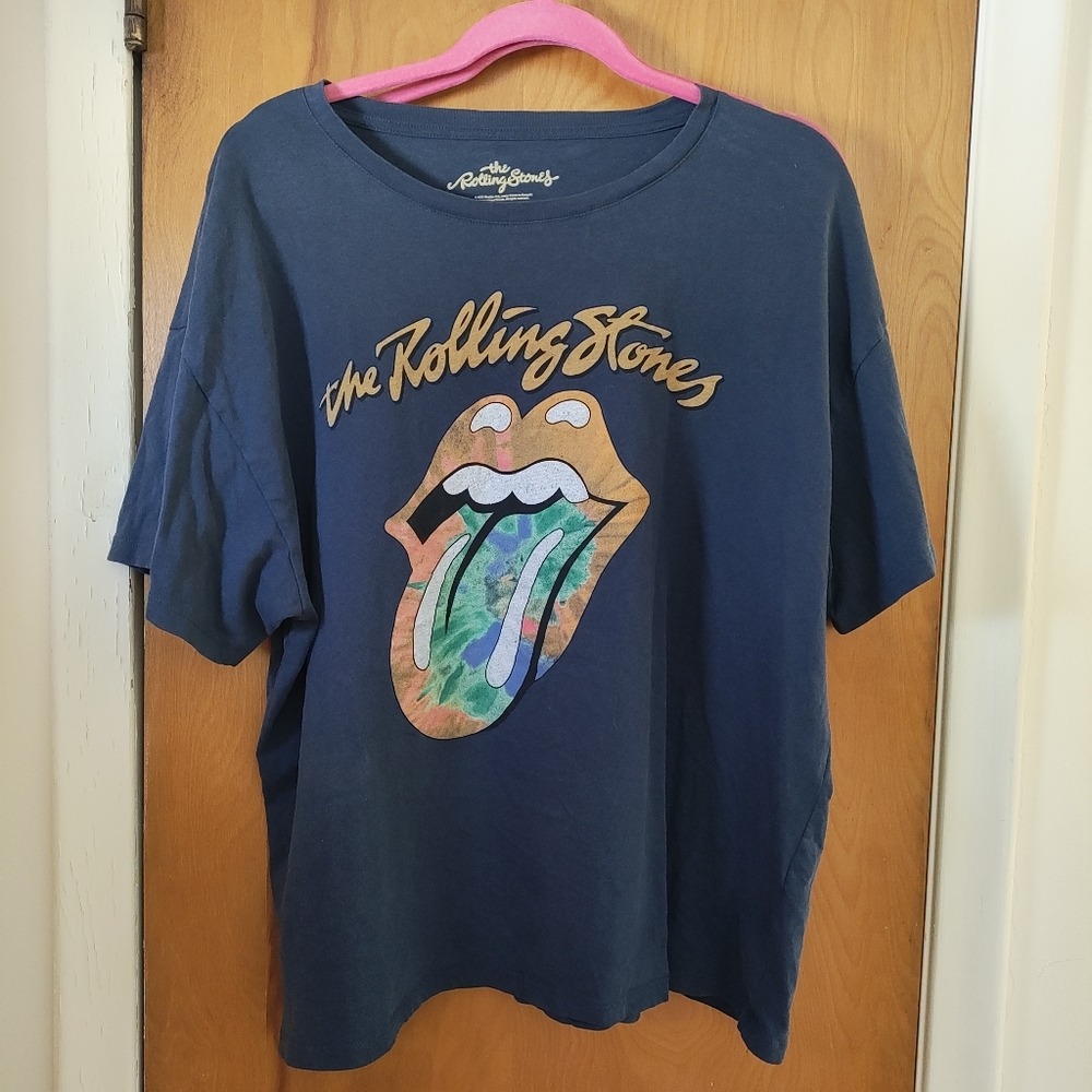 Unisex The Rolling Stones Navy Tee with Colorful Tongue Logo. XXL